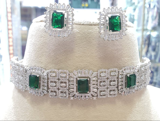 Latest Premium Bridal CZ Stone Silver Finish Necklace Set With Earrings