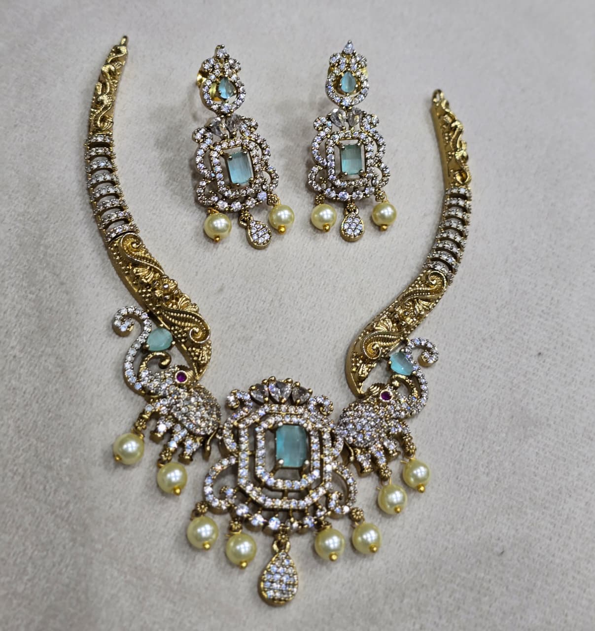 Latest Premium Matte Cz stone Pendant Necklace Set With Kanti And Earrings