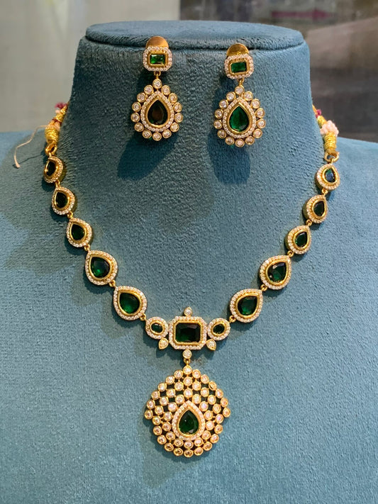 Latest Premium Matte Finish Emerald Green Necklace Set With Earrings
