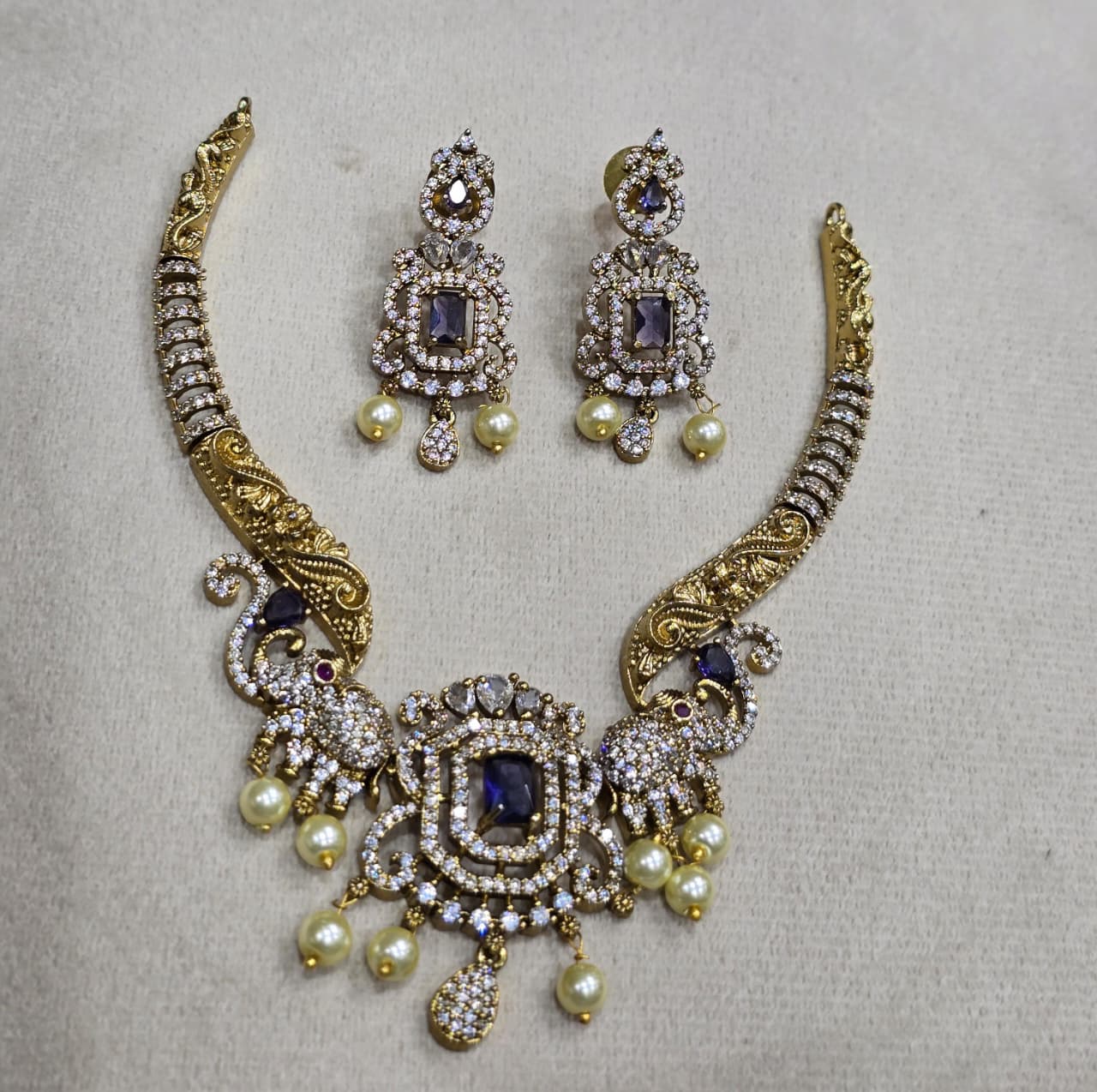 Latest Premium Matte Cz stone Pendant Necklace Set With Kanti And Earrings