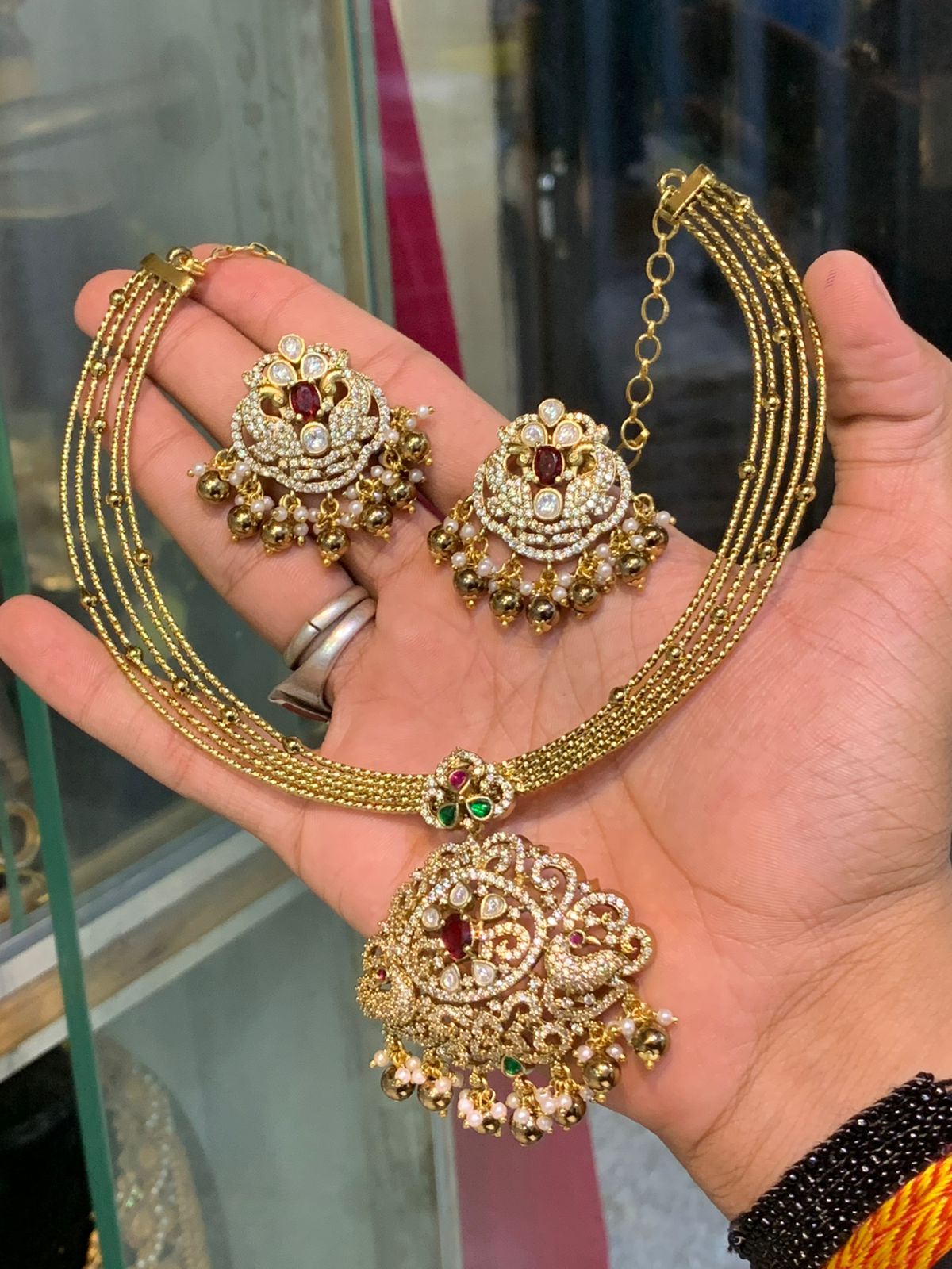 Latest Premium Polki Cz stone Beaded Pendant Necklace Set With Earrings