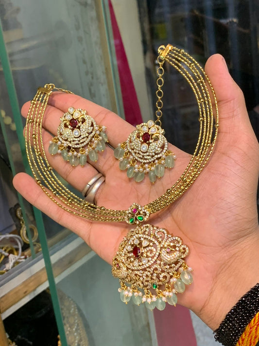 Latest Premium Polki Cz stone Beaded Pendant Necklace Set With Earrings
