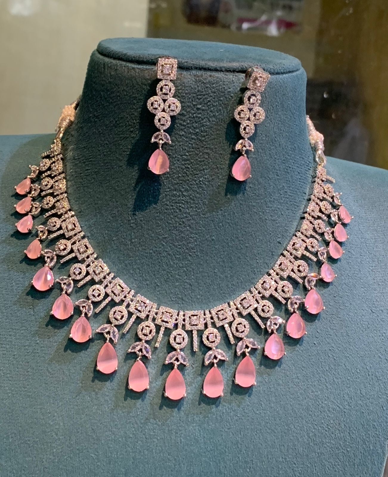 Latest Premium Silver Cz stone Pendant Necklace and Earrings - Choose Your Color