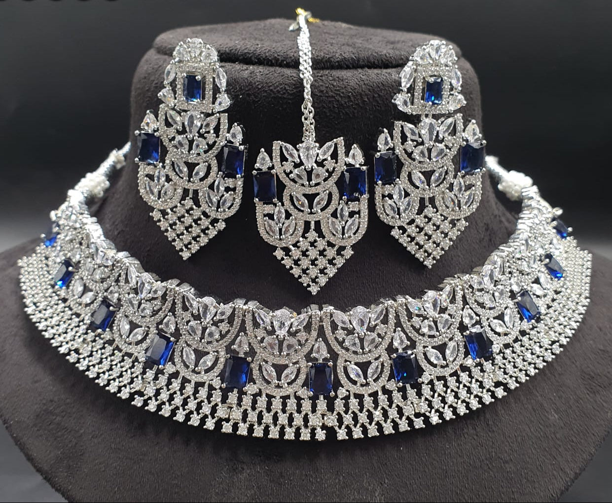 Latest Premium Silver Finish Choker Necklace Set With Earrings & Tikka