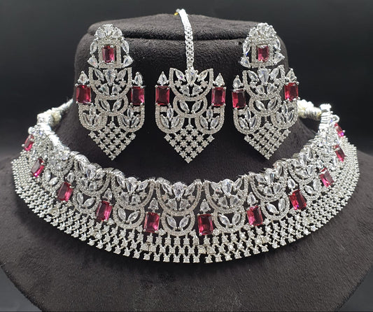 Latest Premium Silver Finish Choker Necklace Set With Earrings & Tikka