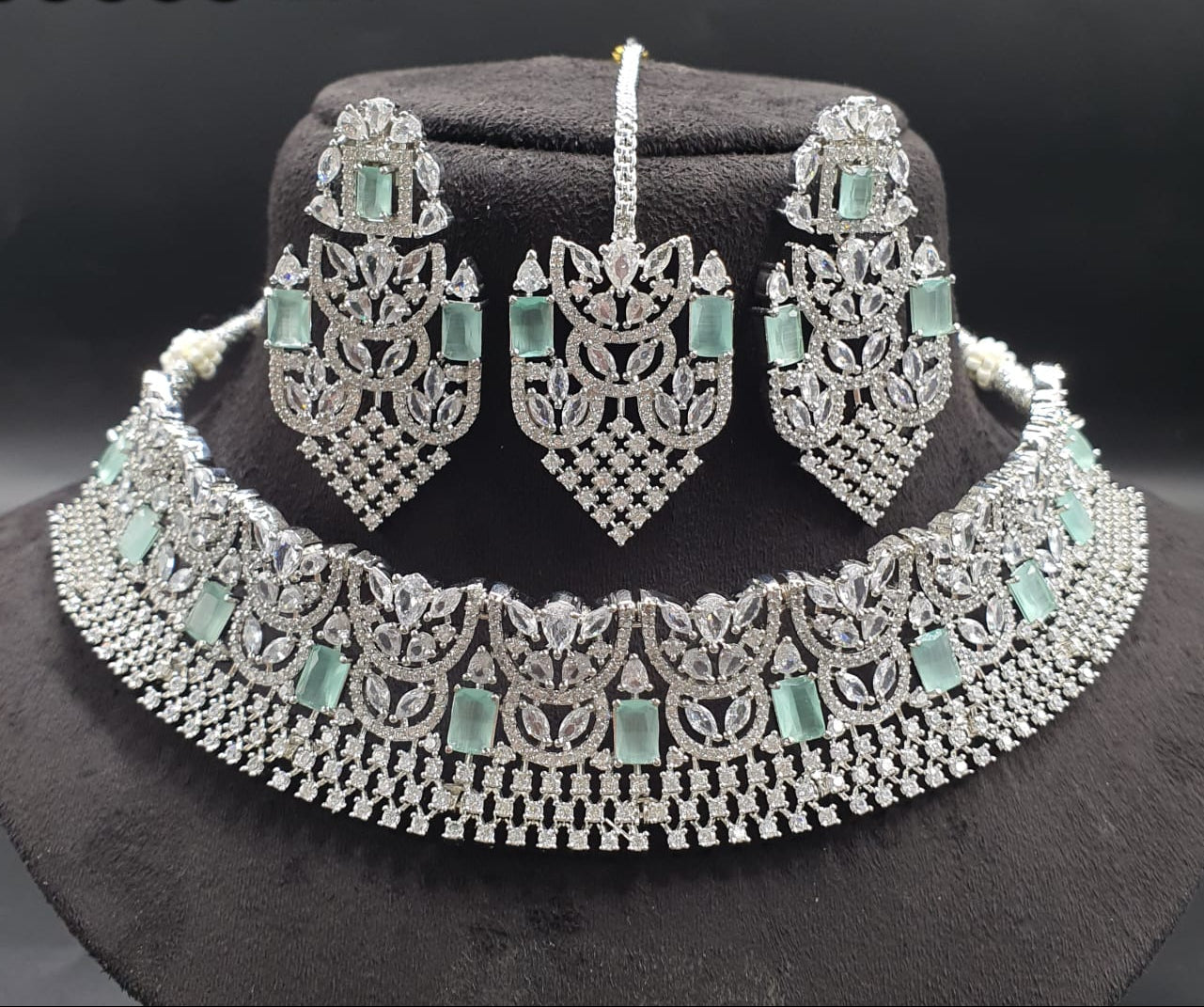 Latest Premium Silver Finish Choker Necklace Set With Earrings & Tikka