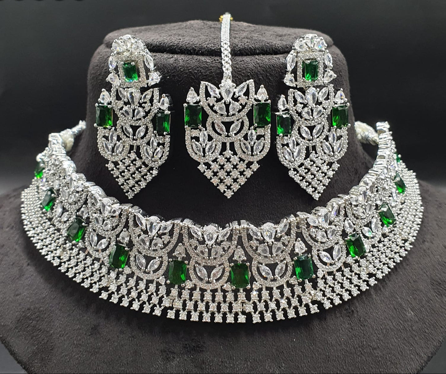 Latest Premium Silver Finish Choker Necklace Set With Earrings & Tikka