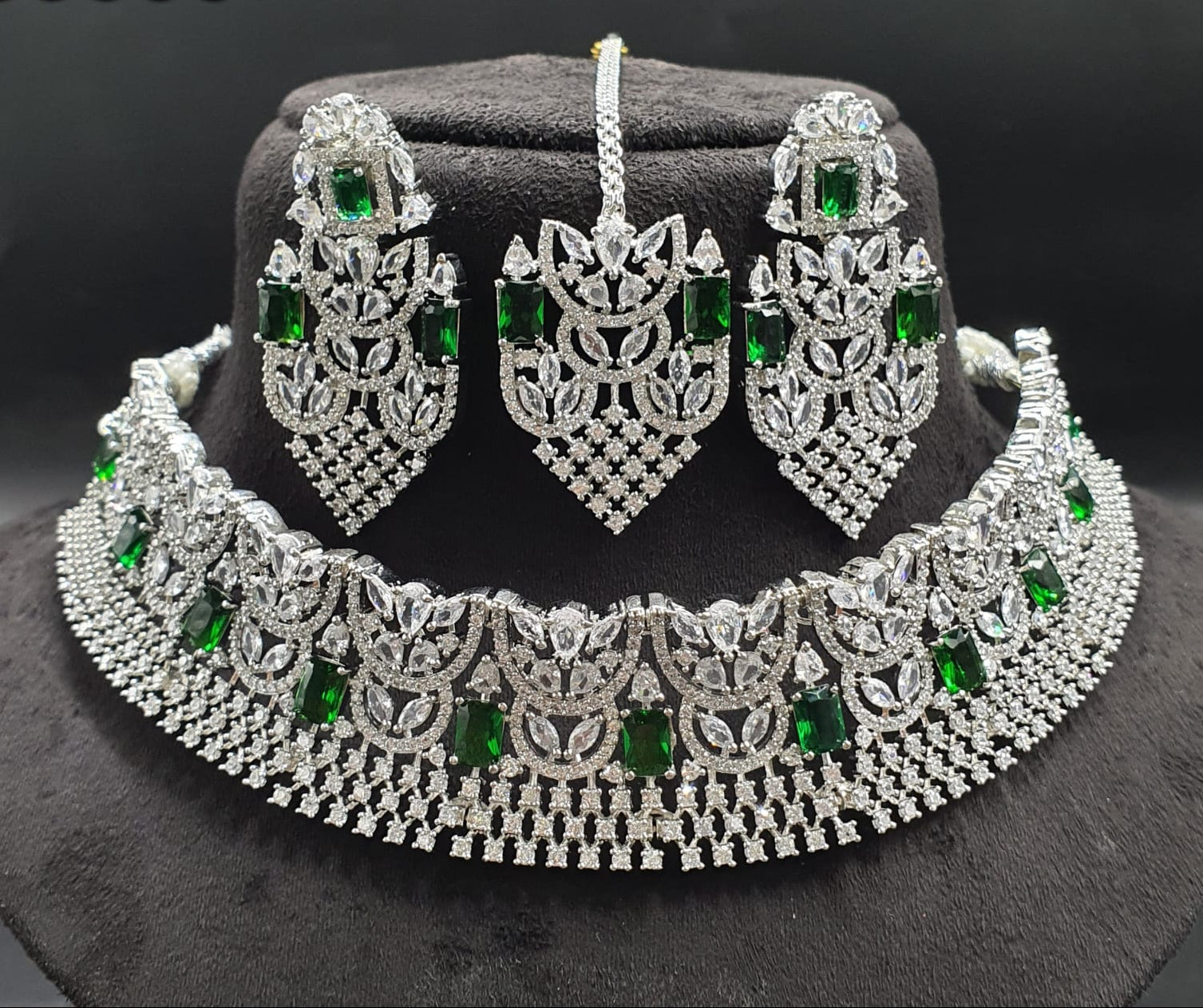 Latest Premium Silver Finish Choker Necklace Set With Earrings & Tikka