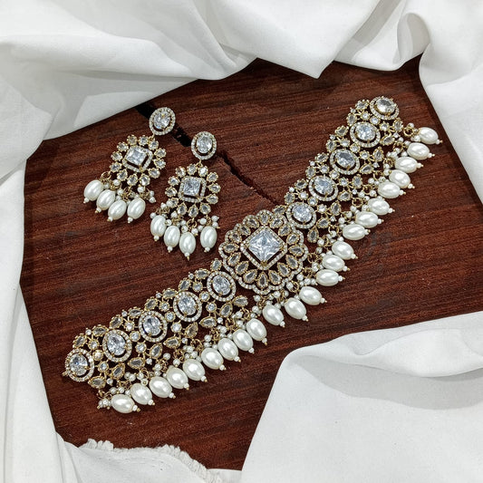 Latest Premium Victorian Polish CZ Stone Mini Choker Necklace Set With Earrings-White