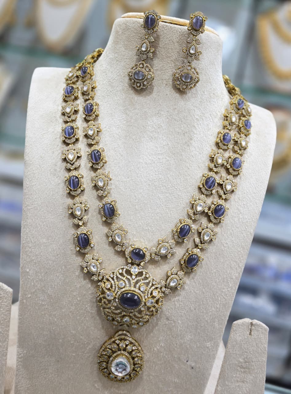 Latest Victorian Finish Moissanite Stone Layered Necklace Set With Earrings