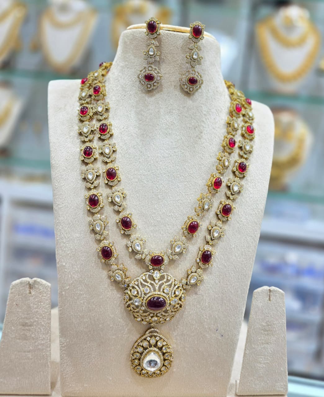Latest Victorian Finish Moissanite Stone Layered Necklace Set With Earrings