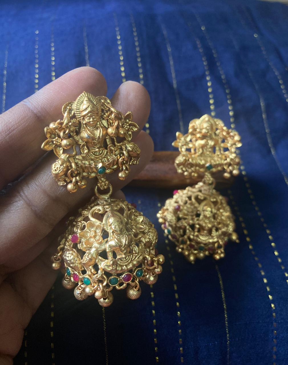 Matte Finish Heavy Bridal Jhumkas -Classy Temple Jewelry Lakshmi Motif Earrings