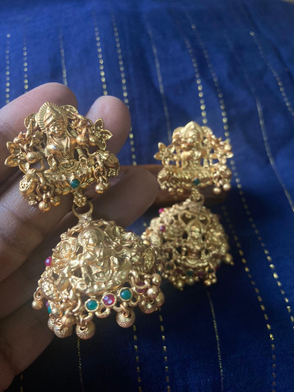 Matte Finish Heavy Bridal Jhumkas -Classy Temple Jewelry Lakshmi Motif Earrings