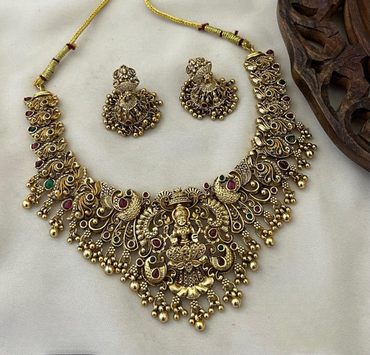 Matte Finish Lakshmi Gold Beaded Necklace Set with Earrings -Temple Jewelry