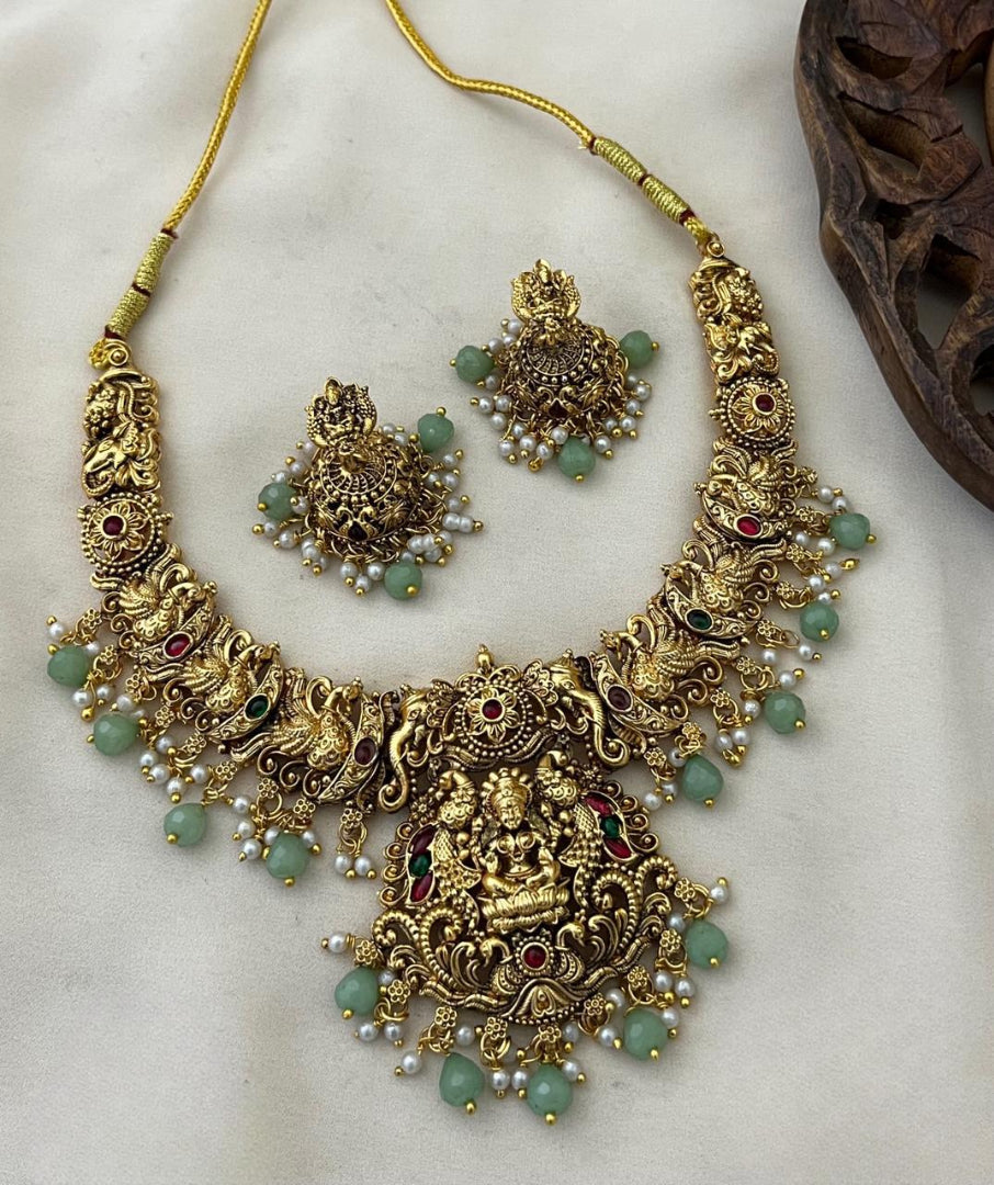 Matte Finish Temple Bridal Beaded  Necklace Set with Earrings