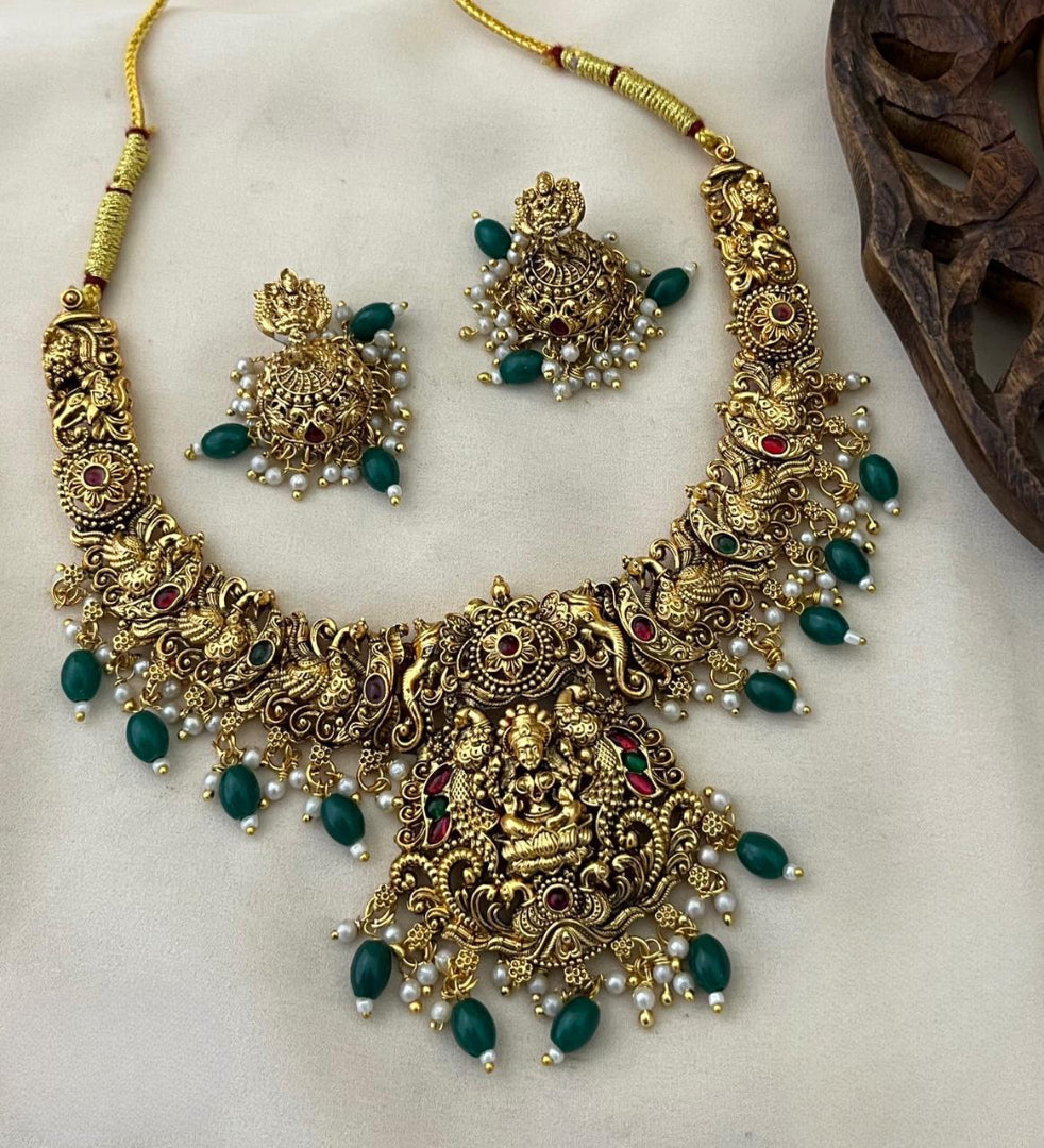Matte Finish Temple Bridal Green Beaded  Necklace Set with Earrings