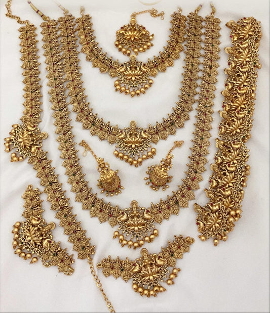 Matte Finish Temple Jewelry Full Bridal Set Haram Necklace Set with Earrings Lakshmi Motif