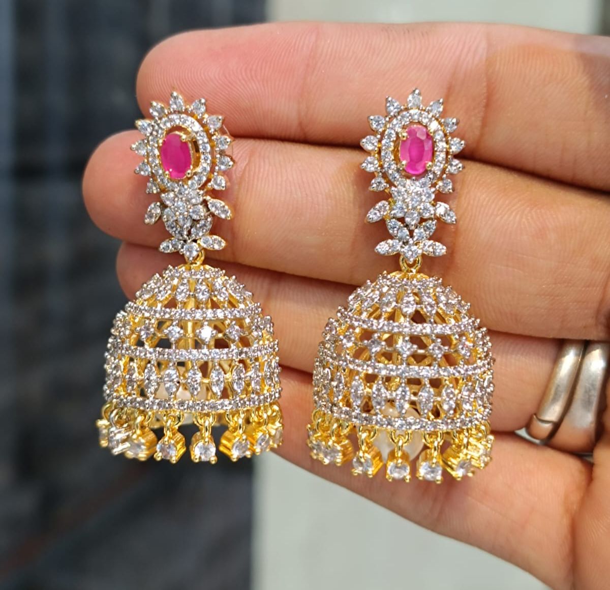 Super-cute Classy Cz stone GJ polish Jhumka Earrings