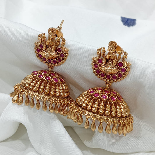 Bridal Premium Antique Matte Finish Jhumkas - Lakshmi Motif Earrings