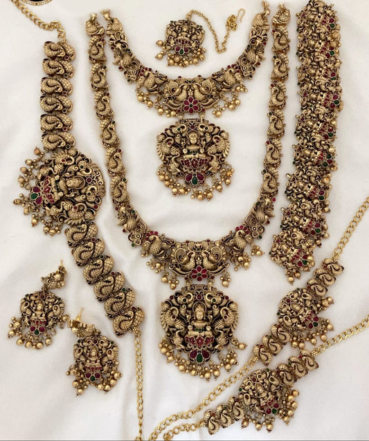 Matte Finish Temple Jewelry Full Bridal Set Haram Necklace Set with Earrings Lakshmi Motif