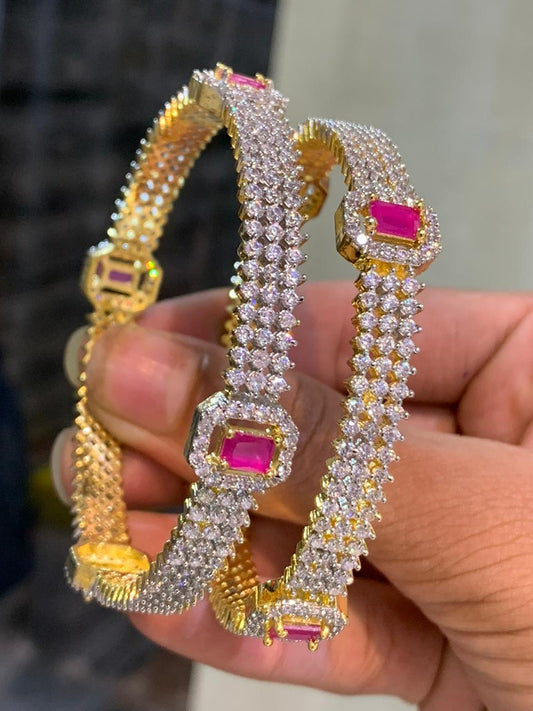 Elegant Gold Finish Cz Stone Bangles -Pink -set of 2