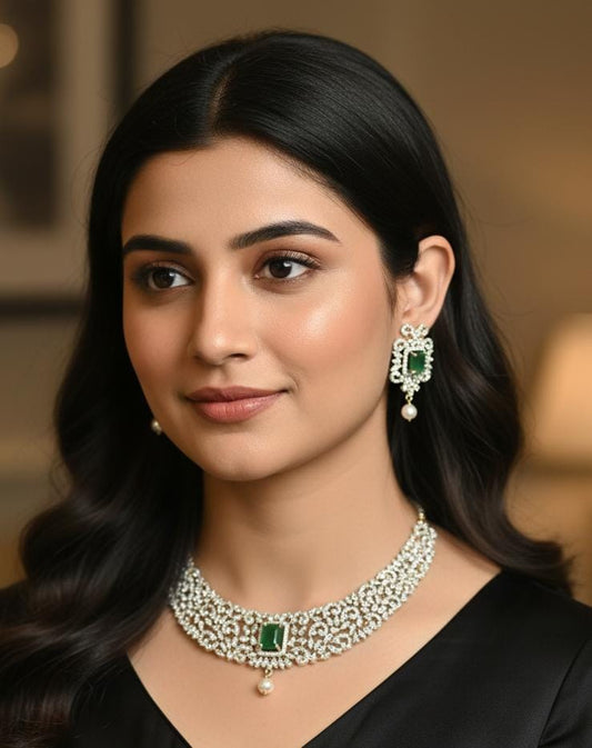 Stylish and Trendy Cz Stone GJ Polish Necklace Set With Earrings