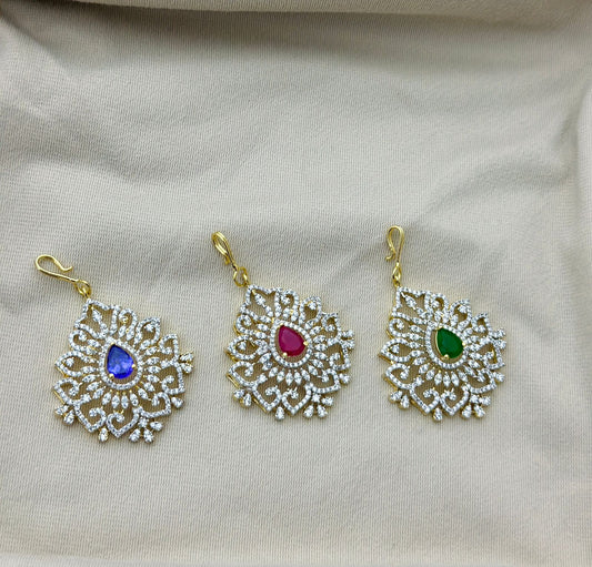 Beautiful Premium GJ Finish Cz Stone Pendant Maang Tikkas- Green