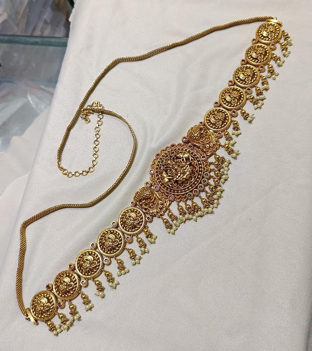 Premium Antique Matte Gajalakshmi Hipchain - Traditional Temple Jewelry Hipchain