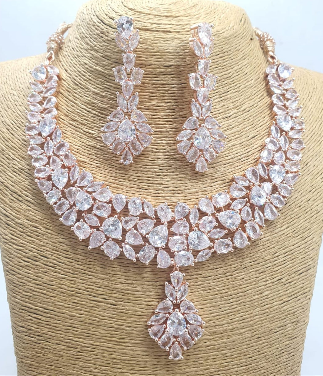 Party Wear Premium  CZ Stone Necklace Set With Earrings-RoseGold