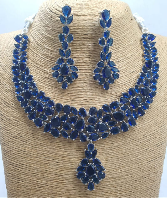 Party Wear Silver FInish CZ Stone Necklace Set With Earrings