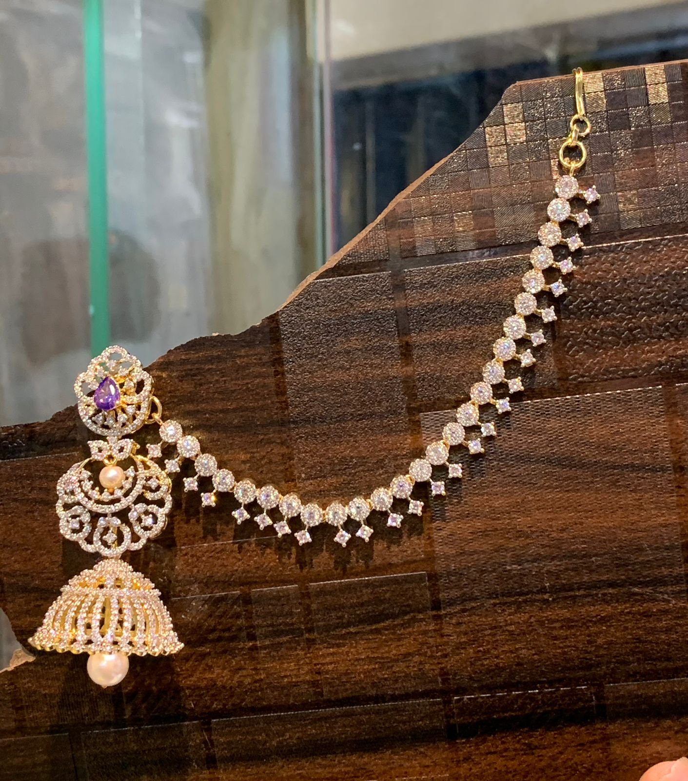 Partywear CZ Stone Premium GJ Polish Jhumka Earrings WIth Earchains - 1 Pair 