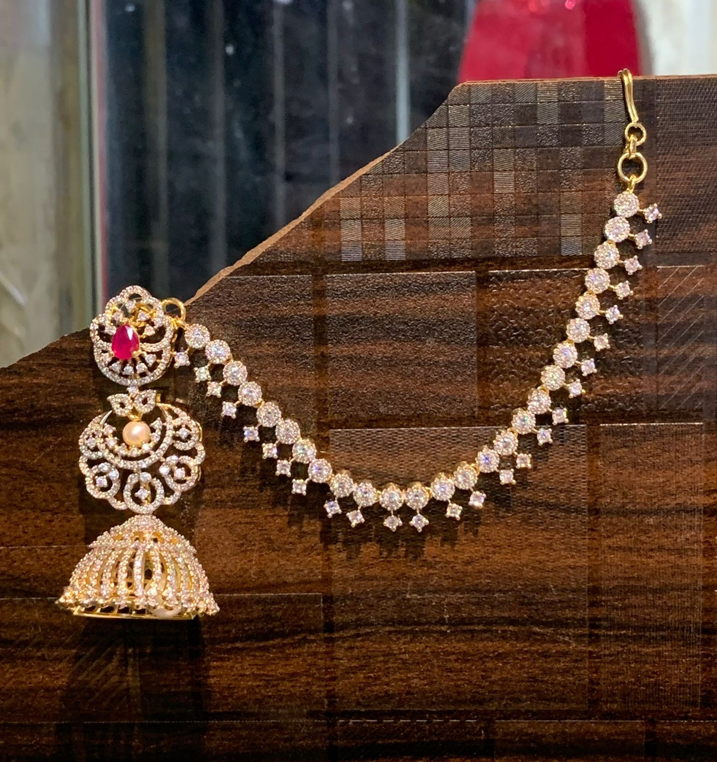 Partywear CZ Stone Premium GJ Polish Jhumka Earrings WIth Earchains - 1 Pair (Copy)