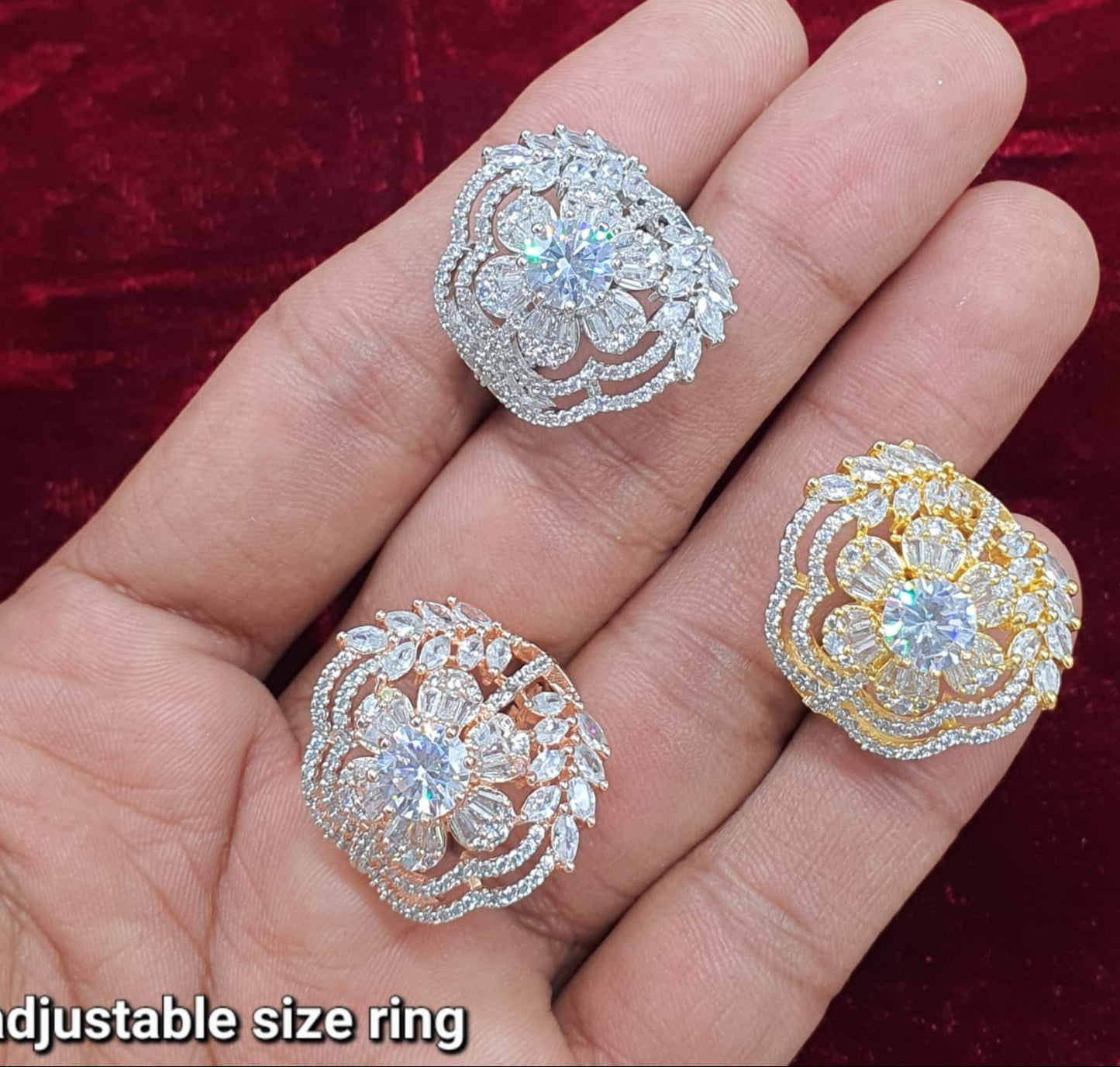 Partywear Premium Adjustable  CZ Floral Cocktail Rings - 1 Piece