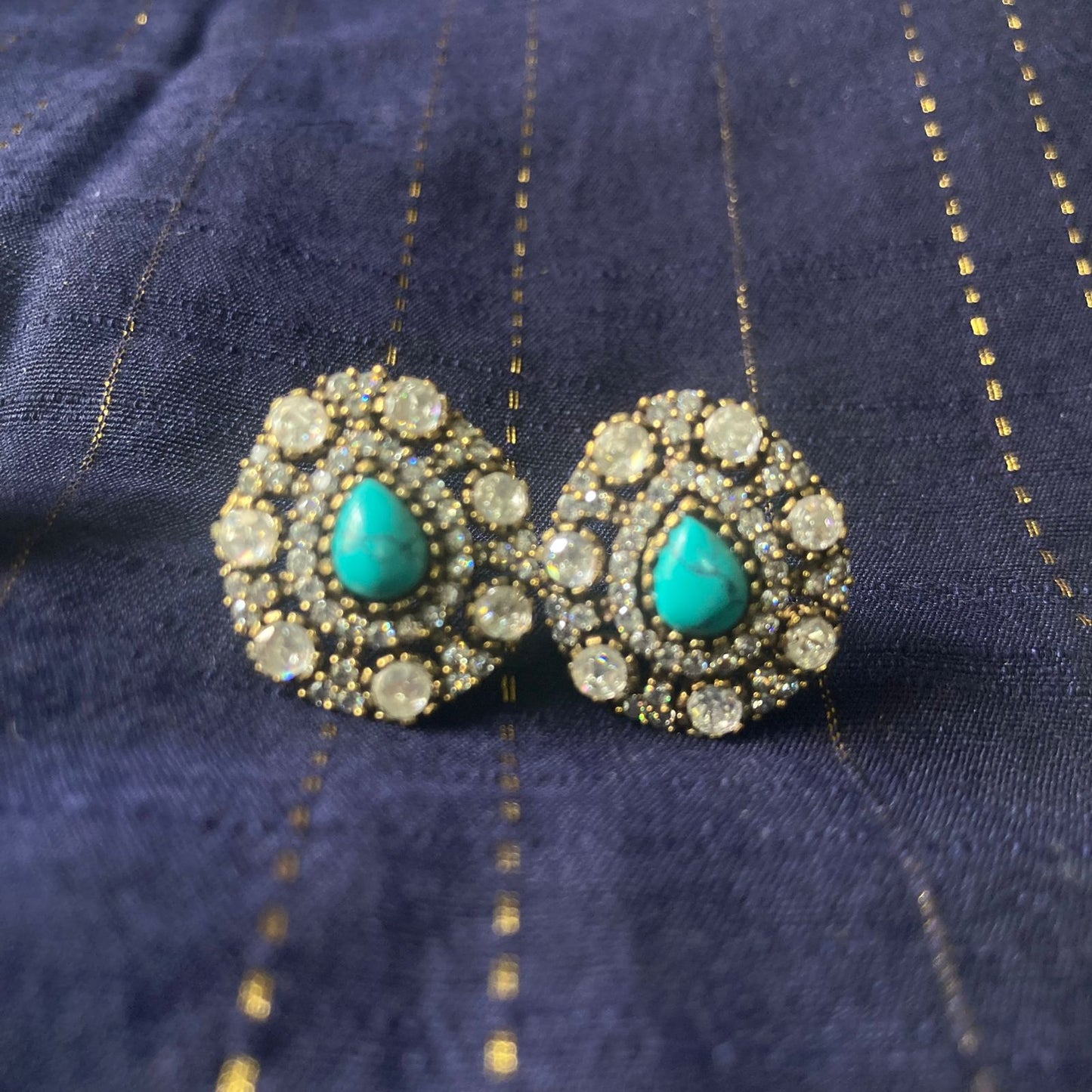 Partywear Premium Antique Finish CZ Stone Big Stud Earrings - 1 Pair