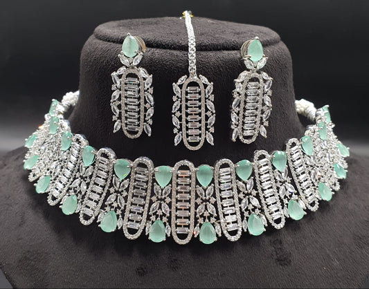 Partywear Premium Silver AD Stone Choker Necklace Set With Earrings & Tikka