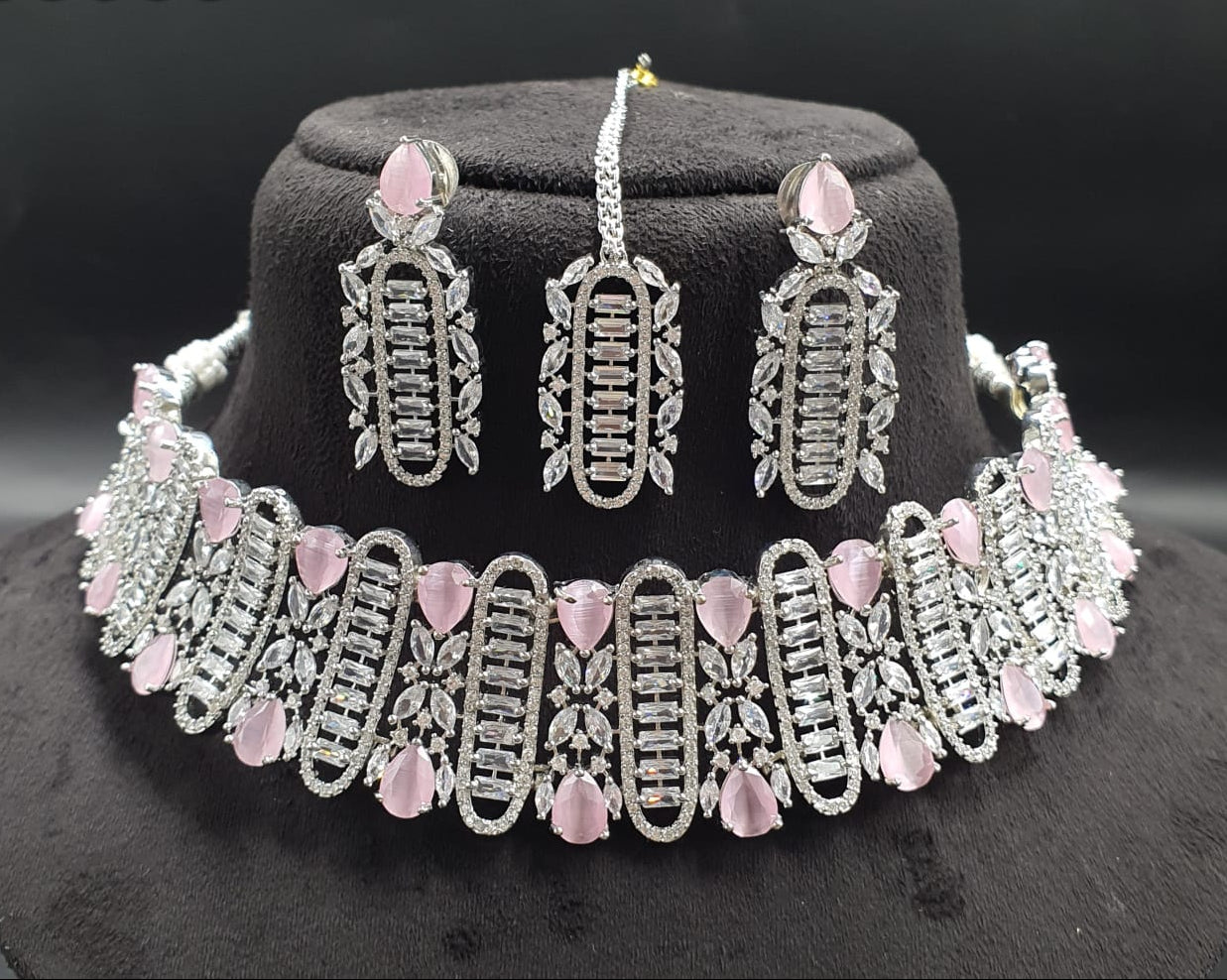 Partywear Premium Silver AD Stone Choker Necklace Set With Earrings & Tikka