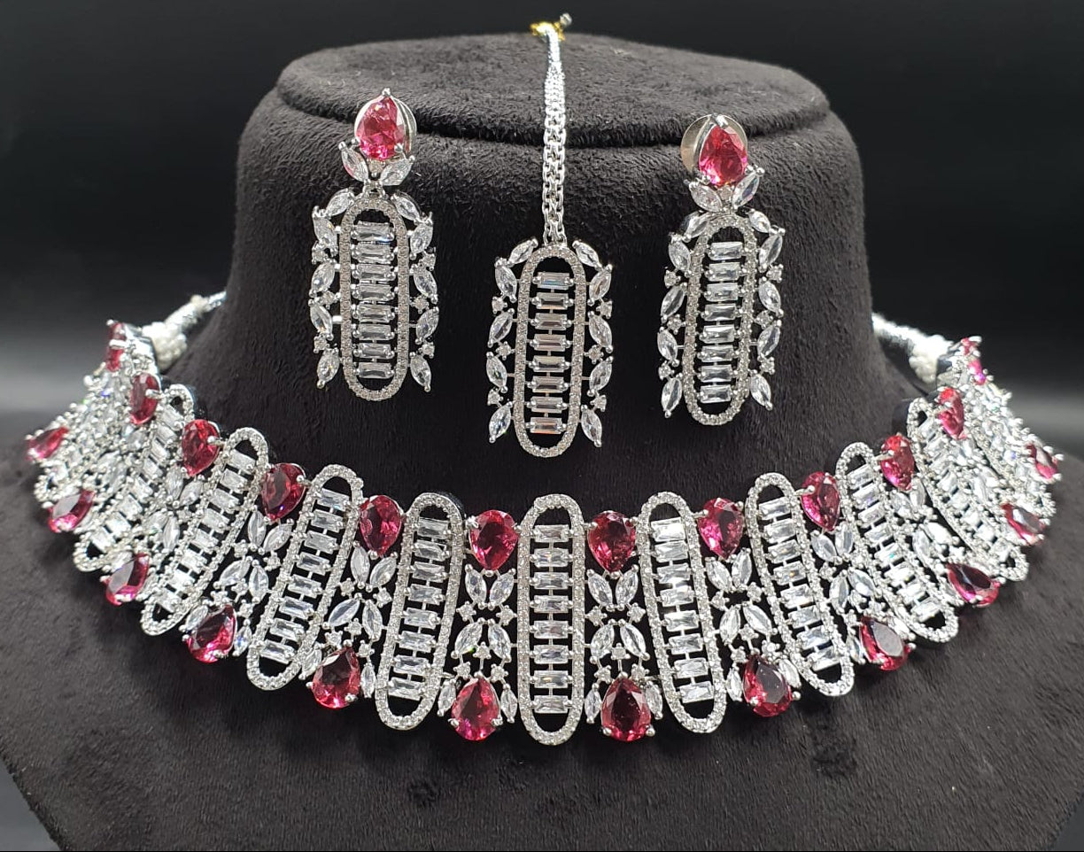 Partywear Premium Silver AD Stone Choker Necklace Set With Earrings & Tikka