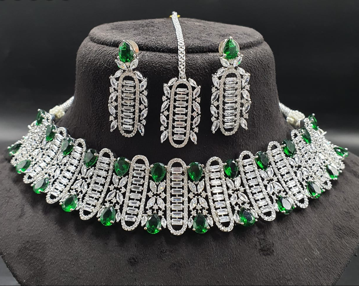 Partywear Premium Silver AD Stone Choker Necklace Set With Earrings & Tikka