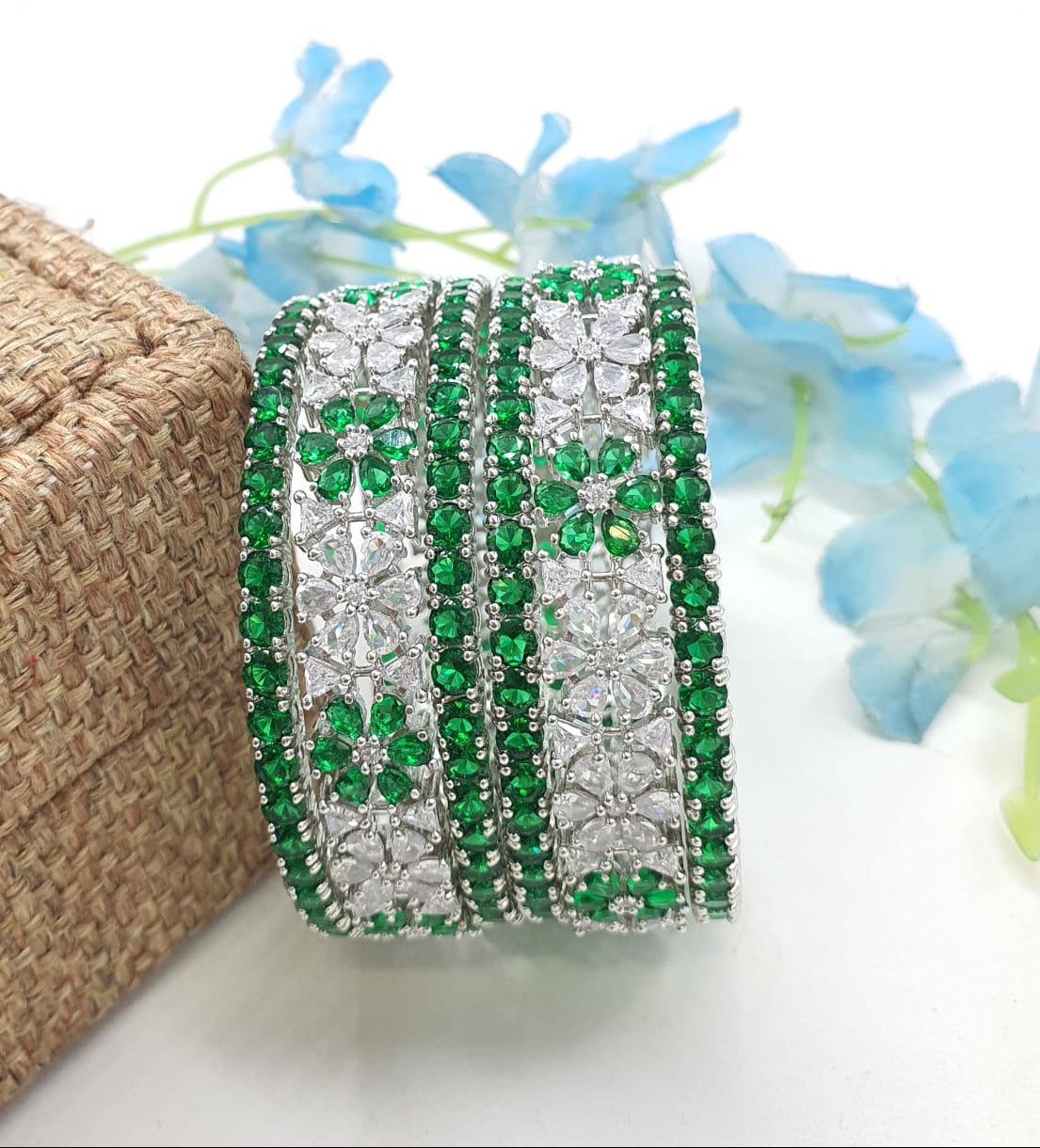 Partywear Premium Silver Finish CZ Stone Bridal Bangles - Green - 6 Pieces