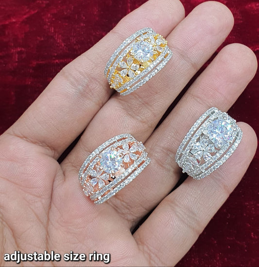 Partywear Premium Sparkling CZ Floral Adjustable Cocktail Ring