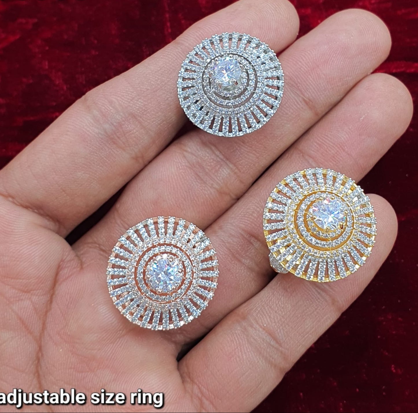 Partywear Premium circular Adjustable AD Stone Rings -Silver Polish - 1 Piece