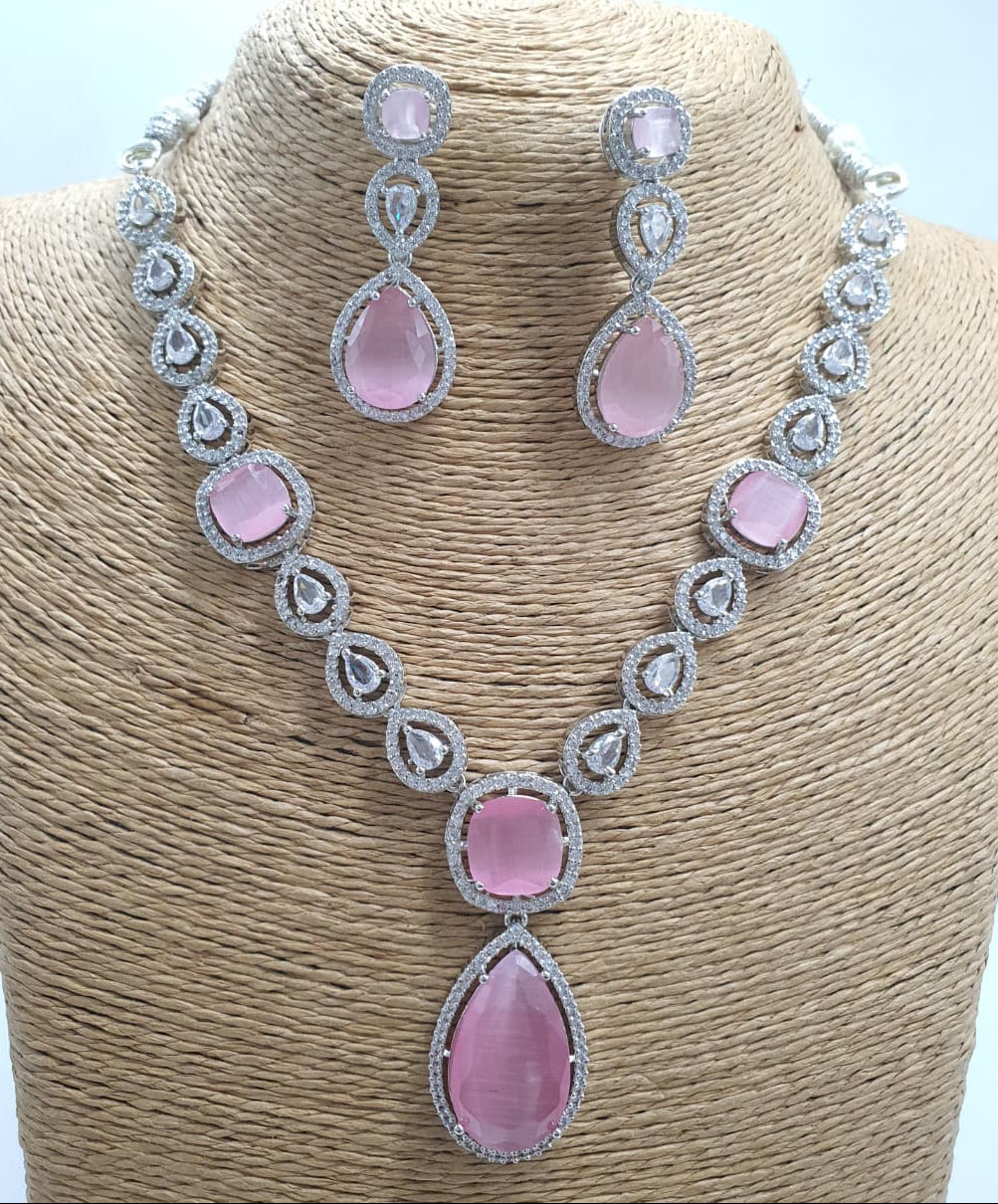 Premium Quality Silver Finish AD Stone Necklace Set With Earrings