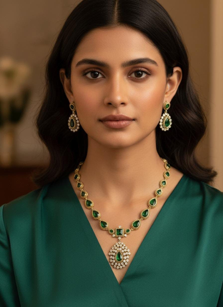 Premium AD Stone Emerald  Green Necklace Set With Earrings