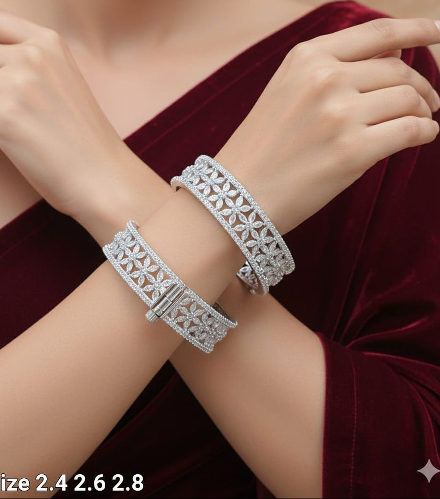 Premium AD Stone Floral Design Bridal Openable Kada Bangles - Set Of 2
