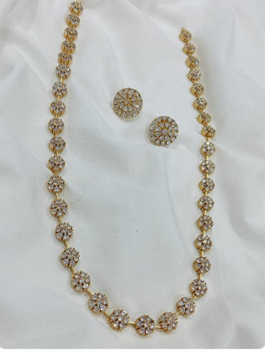 Premium American Diamond Stone Necklace Set with Earrings- Flower Motif