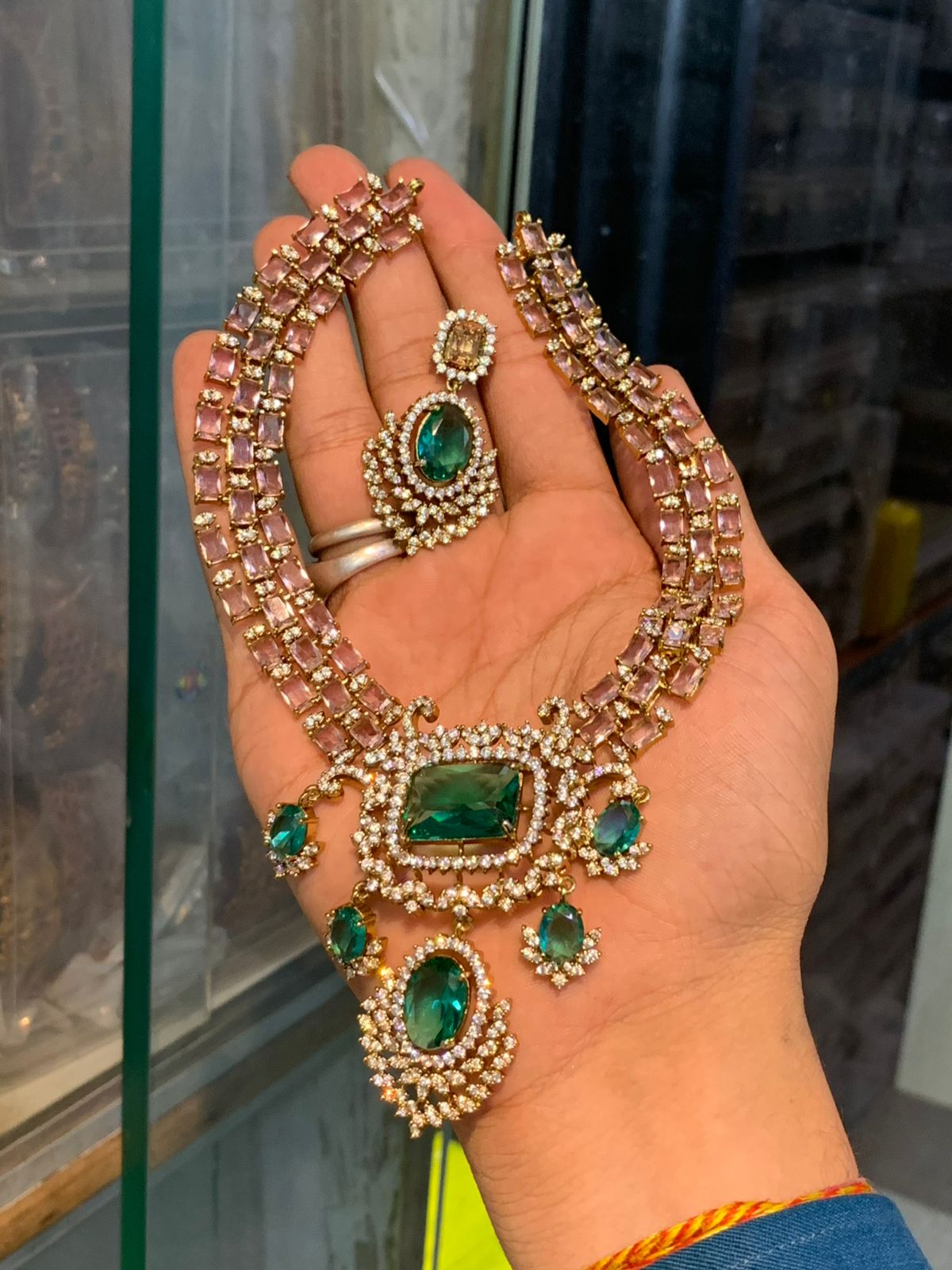 Premium Antique Finish Emerald Square Pendant Necklace Set With Earrings