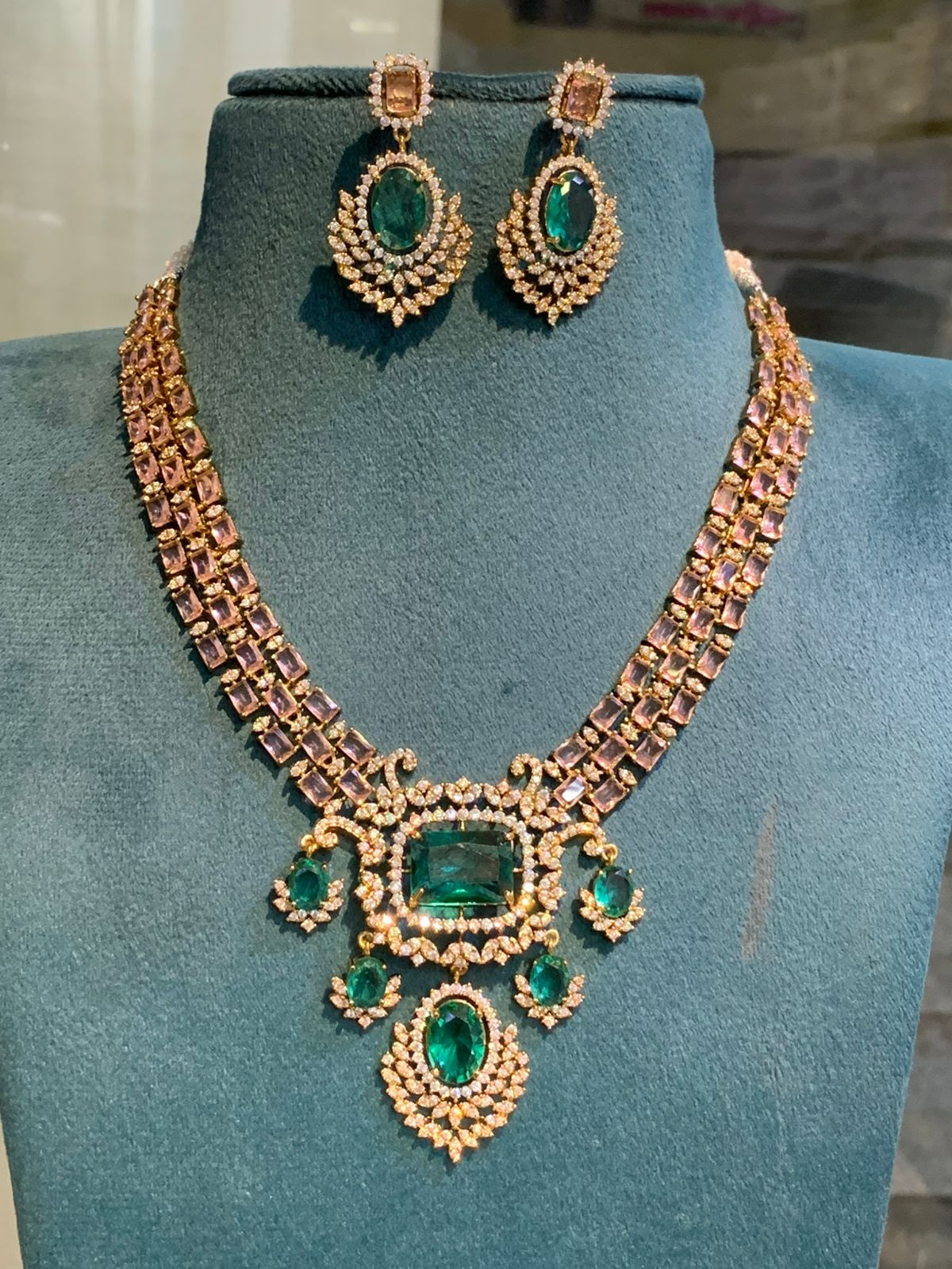 Premium Antique Finish Emerald Square Pendant Necklace Set With Earrings