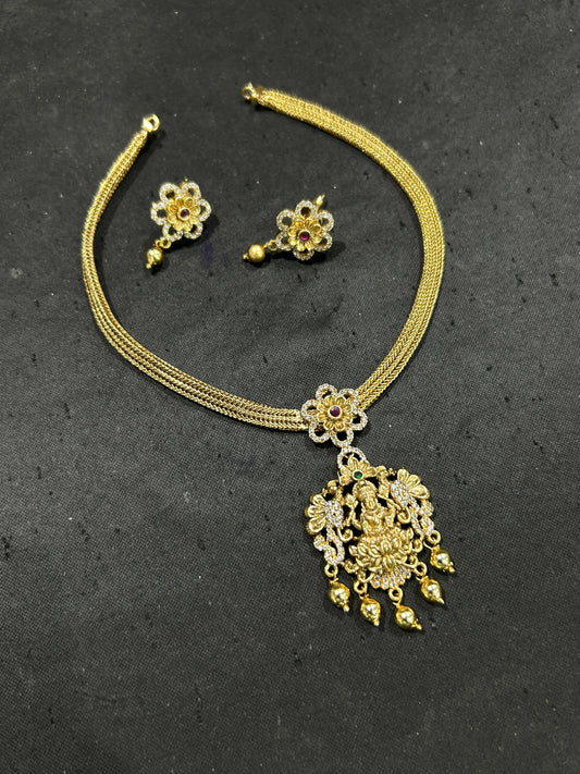 Premium Antique Finish Temple Necklace Set With Matching Earrings - 1 Piece