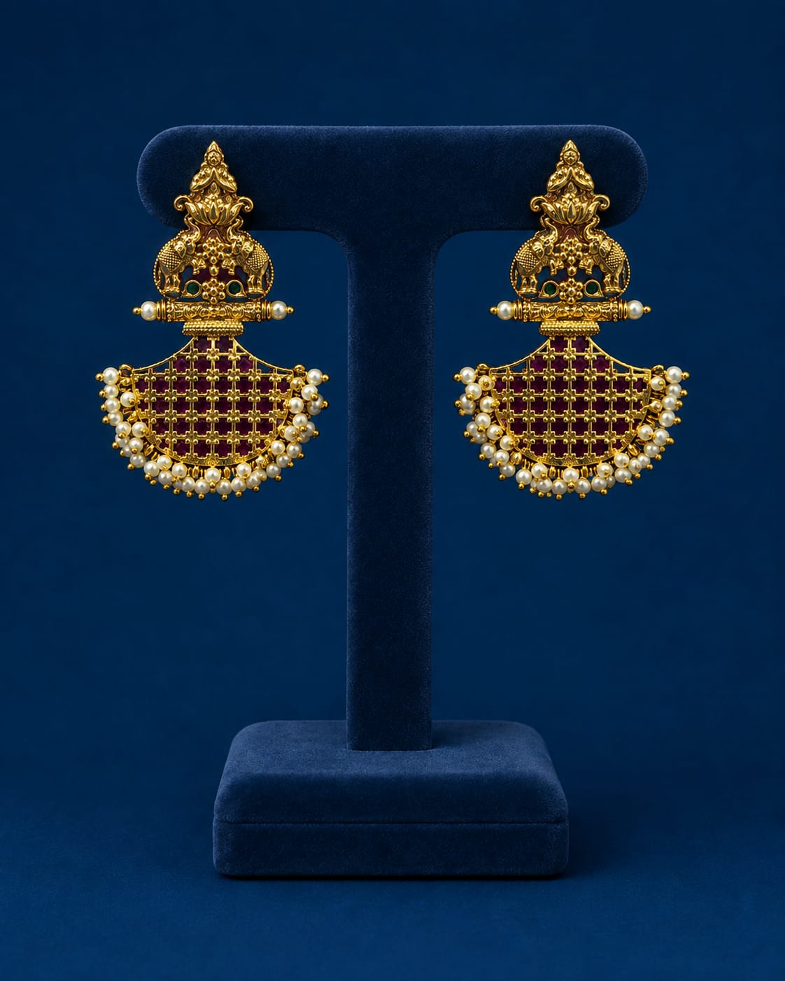 Premium Antique Matte Elephant Motif Chandbali Earrings - Temple Jewelry