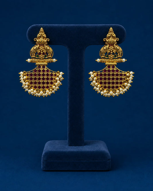 Premium Antique Matte Elephant Motif Chandbali Earrings - Temple Jewelry